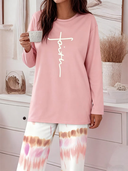Women's Two-Piece Outfit Set - Gradient Wide-Leg Palazzo Pants & Long Sleeve Printed Round Neck Top, Casual Loose Matching Lounge Set for Everyday Vacation Travel, Sizes S-XXL