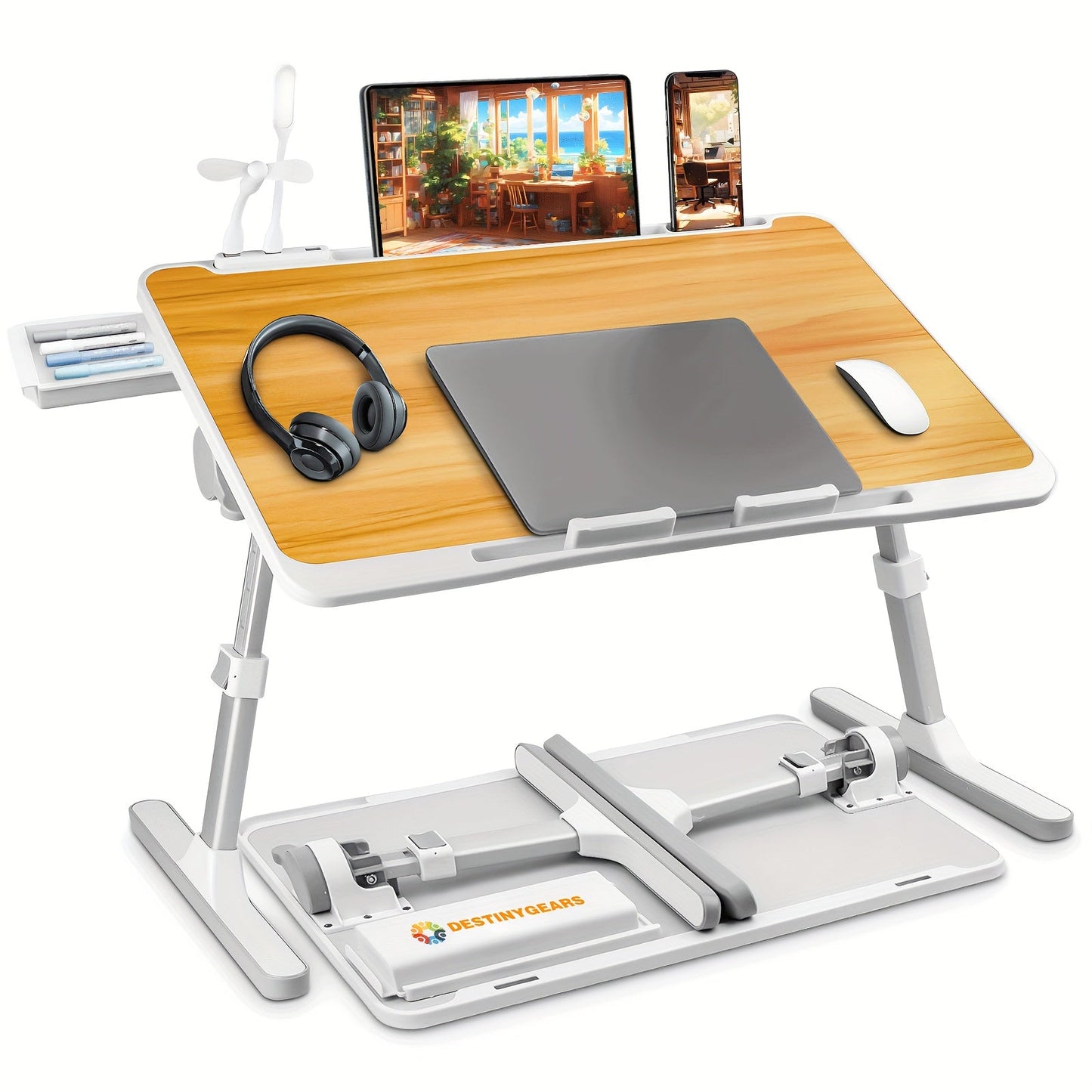 Lap Desk Bed Tray Table with USB Light Fan & Drawer – Adjustable Portable Laptop Stand for Bed Couch Sofa, Laptop Desk for Reading Writing Eating, 10 Colors & Sizes