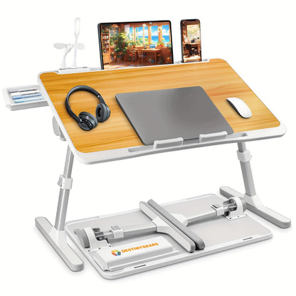 Lap Desk Bed Tray Table with USB Light Fan & Drawer – Adjustable Portable Laptop Stand for Bed Couch Sofa, Laptop Desk for Reading Writing Eating, 10 Colors & Sizes