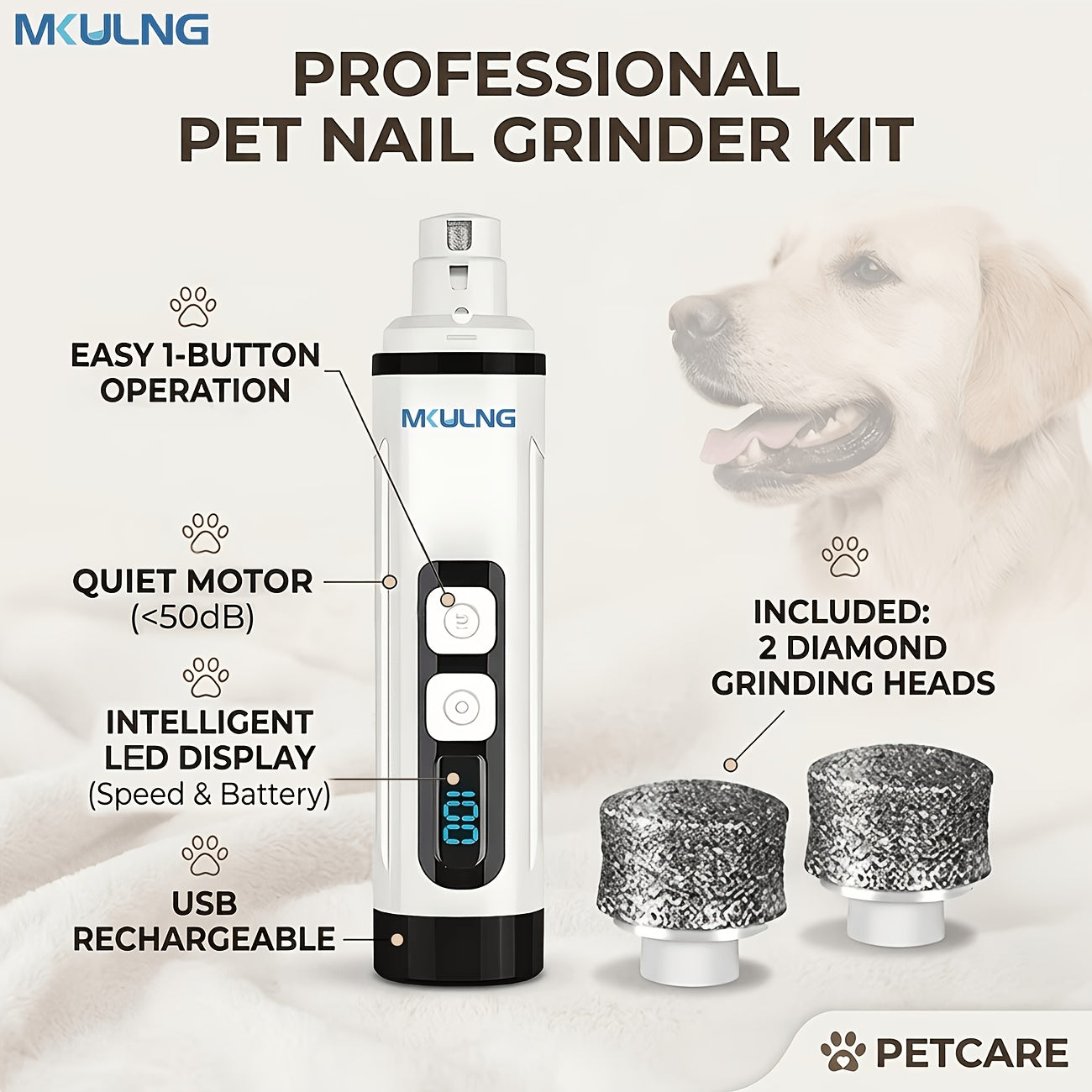 Quiet Dog Nail Grinder with LED Light – 3-Speed Rechargeable Electric Pet Nail Trimmer Kit, Painless Paw Grooming for Small Medium Large Dogs & Cats