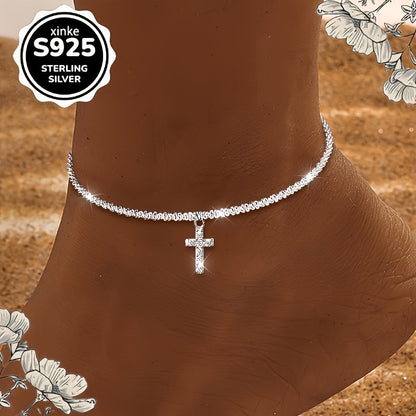 S925 Sterling Silver Cross Anklet for Women – Dazzling Synthetic Diamond End, Bohemian Beach & Vacation Jewelry, Casual Outfit Accessory, Perfect Gift for Valentine's Day & Mother's Day