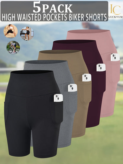 Women's High Waisted Biker Shorts 5 Pack with Pockets | Tummy Control No See-Through Squat-Proof | 6" Inseam Workout Running Yoga Gym Shorts | Soft 4-Way Stretch | XS-XXL Mixed Colors