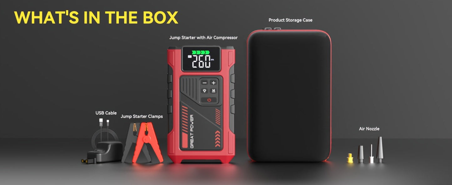 4000A Car Jump Starter with Air Compressor, 150PSI Tire Inflator & LED Light, Portable 12V Battery Jump Starter Pack for Gas 8.0L / Diesel 6.5L Engines – Car Emergency Kit