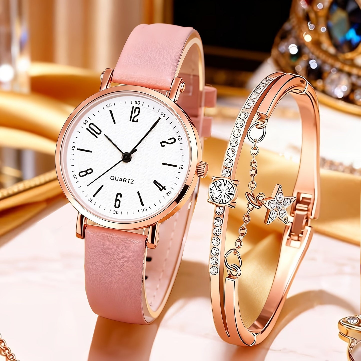 Rhinestone Heart Watch Set for Women – 2 Quartz Watches with Faux Leather Strap, Rose Gold & Pink Bracelet Wristwatch Gift Set for Valentine's Day, Birthdays & Parties