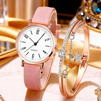 Rhinestone Heart Watch Set for Women – 2 Quartz Watches with Faux Leather Strap, Rose Gold & Pink Bracelet Wristwatch Gift Set for Valentine's Day, Birthdays & Parties