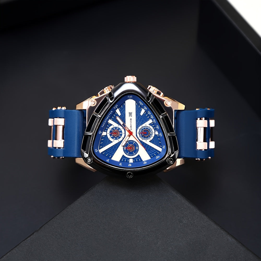 3pcs Men's Quartz Watch Set – Silicone Strap Date Display Triangular Dial, Fashion Sport Casual Wrist Watches for Men, Ideal Birthday Anniversary Gift Set