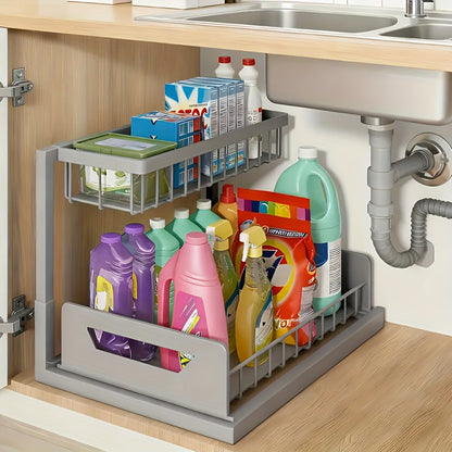 Under Sink Organizer 2 Tier Pull Out Cabinet Storage Organizer with Metal Sliding Drawers Kitchen Bathroom Tabletop Organizer and Storage Rack Accessories