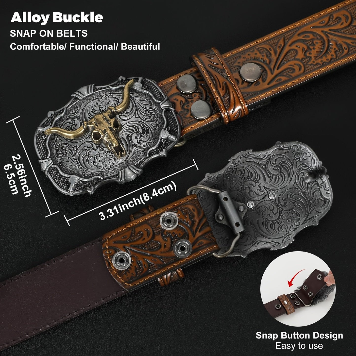Vintage Engraved Western Belt with Bullhead Buckle - Adjustable Distressed Leather Cowboy Waistband for Men and Women, Country Music Festival Rodeo Accessories, Black Brown Coffee