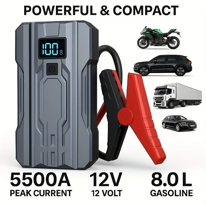 5500A Portable Car Jump Starter – 12V Battery Booster Pack for 8.0L Gas & 6.0L Diesel Engines, Compact Emergency Jump Box with Safety Jumper Cables, Fast Charging & LED Lights