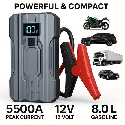 5500A Portable Car Jump Starter – 12V Battery Booster Pack for 8.0L Gas & 6.0L Diesel Engines, Compact Emergency Jump Box with Safety Jumper Cables, Fast Charging & LED Lights