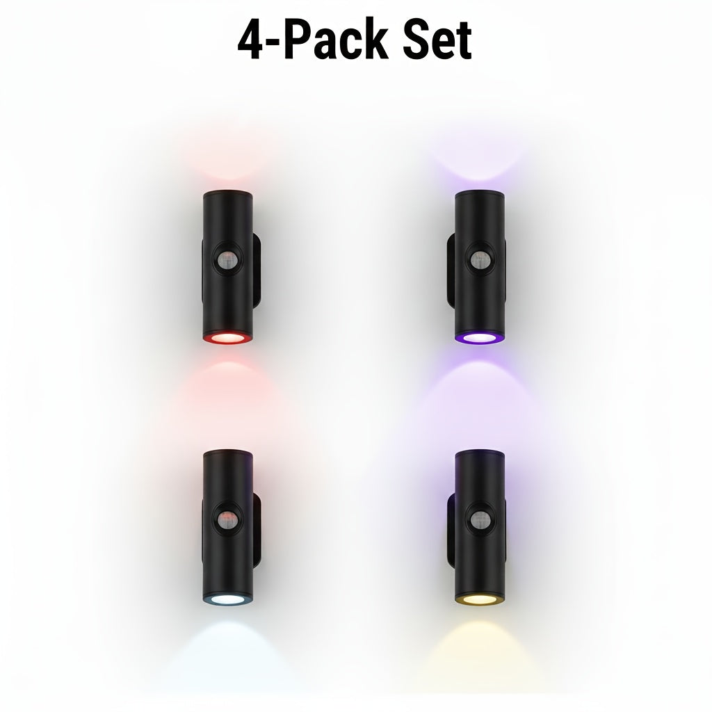 Motion Sensor Wall Lights 4-Pack – Rechargeable Wireless Magnetic LED Night Light, Dual Head, RGB 3 Colors, for Bedroom, Stairs, Cabinet, Closet & RV Interior | Velora