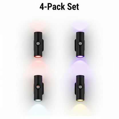 Motion Sensor Wall Lights 4-Pack – Rechargeable Wireless Magnetic LED Night Light, Dual Head, RGB 3 Colors, for Bedroom, Stairs, Cabinet, Closet & RV Interior | Velora