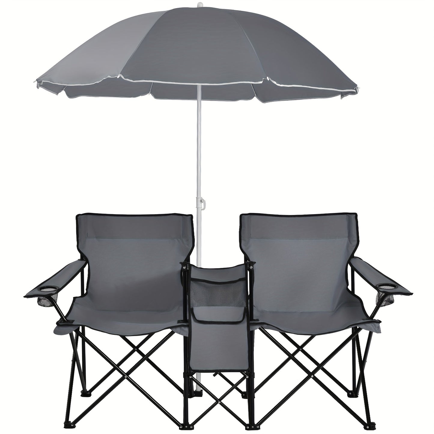 2-Person Folding Beach Chair Set with Umbrella, Table & Cooler Bag – Compact Collapsible Picnic Chair for Beach, Camping & Outdoor Outings, 270 lb Capacity Per Seat