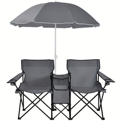 2-Person Folding Beach Chair Set with Umbrella, Table & Cooler Bag – Compact Collapsible Picnic Chair for Beach, Camping & Outdoor Outings, 270 lb Capacity Per Seat