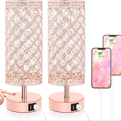 Crystal Touch Table Lamp 3-Way Dimmable with 2 USB Charging Ports LED Bulb Included Decorative Bedside Nightstand Light for Bedroom Living Room Office – Antique Bronze Rose Gold Silver