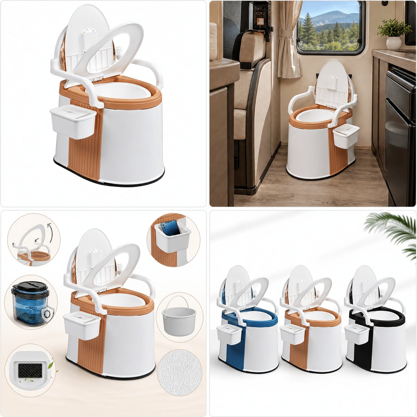 Portable Camping Toilet with Backrest & Handrails – 5 Gallon Detachable Bucket 350 lb Capacity Lightweight Commode for RV Boat Travel Camping