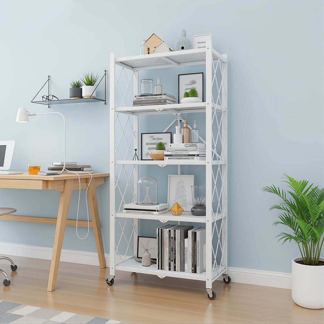 Heavy Duty Folding Storage Rack with Wheels – 3/4/5-Tier Portable Floor-Standing Shelf, No Assembly Required, for Home, Office, Bedroom & Dorm, 4 Colors Available