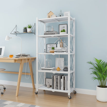 Heavy Duty Folding Storage Rack with Wheels – 3/4/5-Tier Portable Floor-Standing Shelf, No Assembly Required, for Home, Office, Bedroom & Dorm, 4 Colors Available