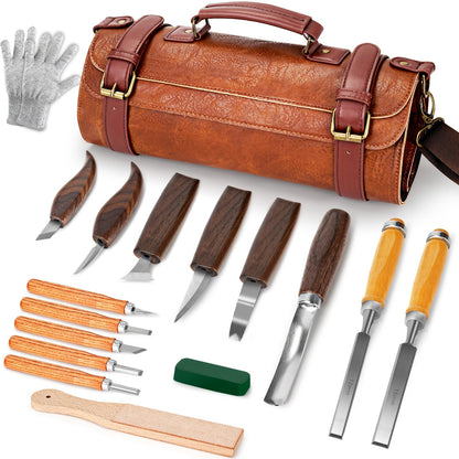 Wood Carving Knife Set PU Case 15-23 Piece Whittling Kit Chisel Hook Detail Geometric Knife Safety Gloves Leather Strop Basswood Block Art Craft Gift
