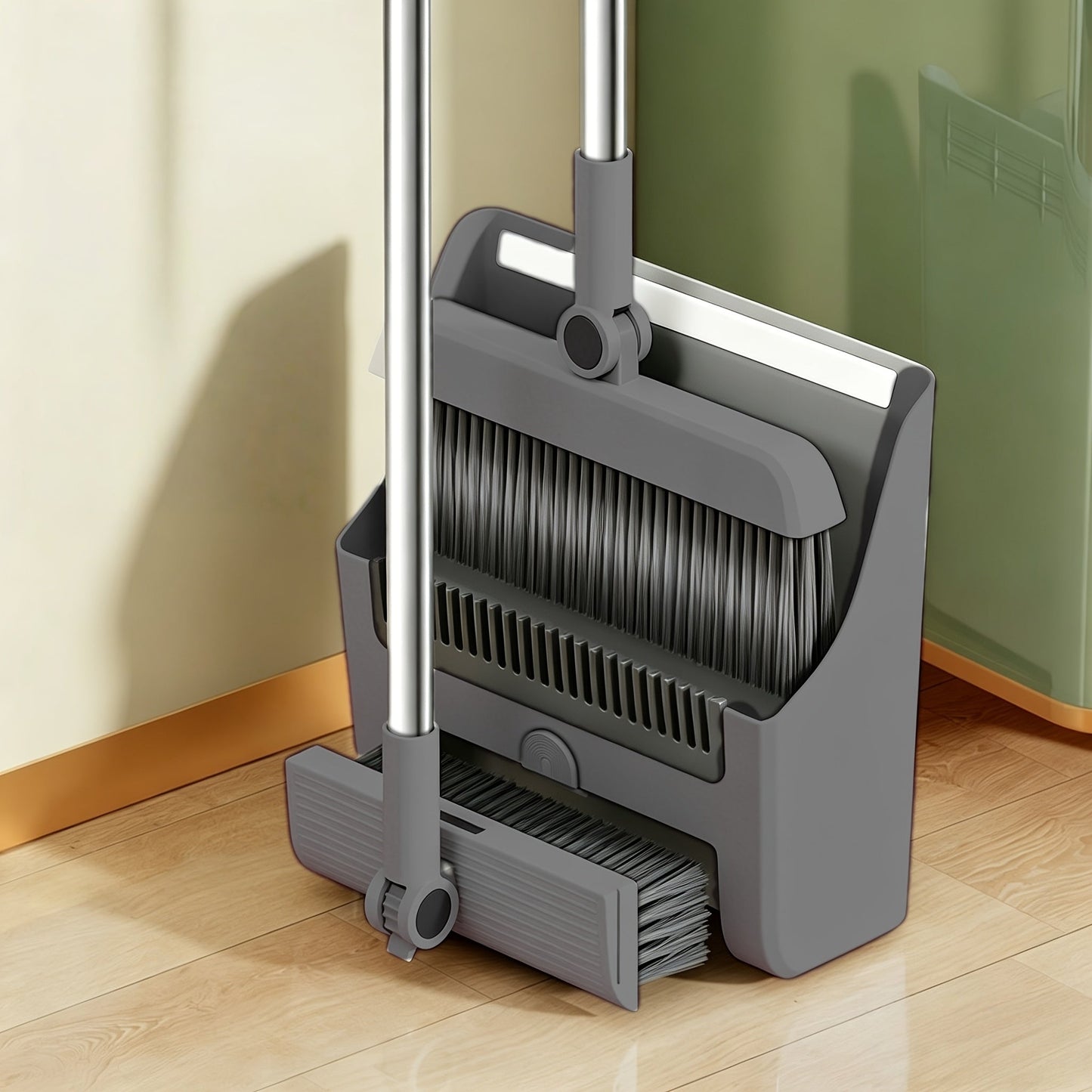 2-in-1 Broom and Dustpan Set Long Handle Foldable Non-Stick Hair Cleaning Hard Floor Sweeper Rotatable Combo for Home Living Room Bedroom Bathroom Outdoor