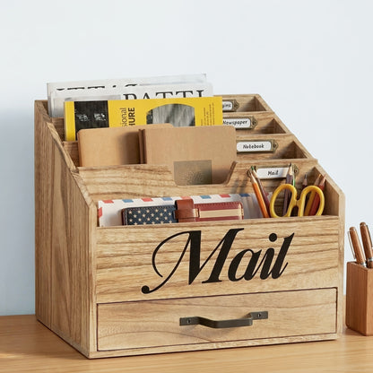 Large Solid Wood Desktop Mail Organizer with Drawer and 4 Compartments Labelable Dividers for Files Letters Paper Folders Desk Organizer for Home Office Students and Professionals