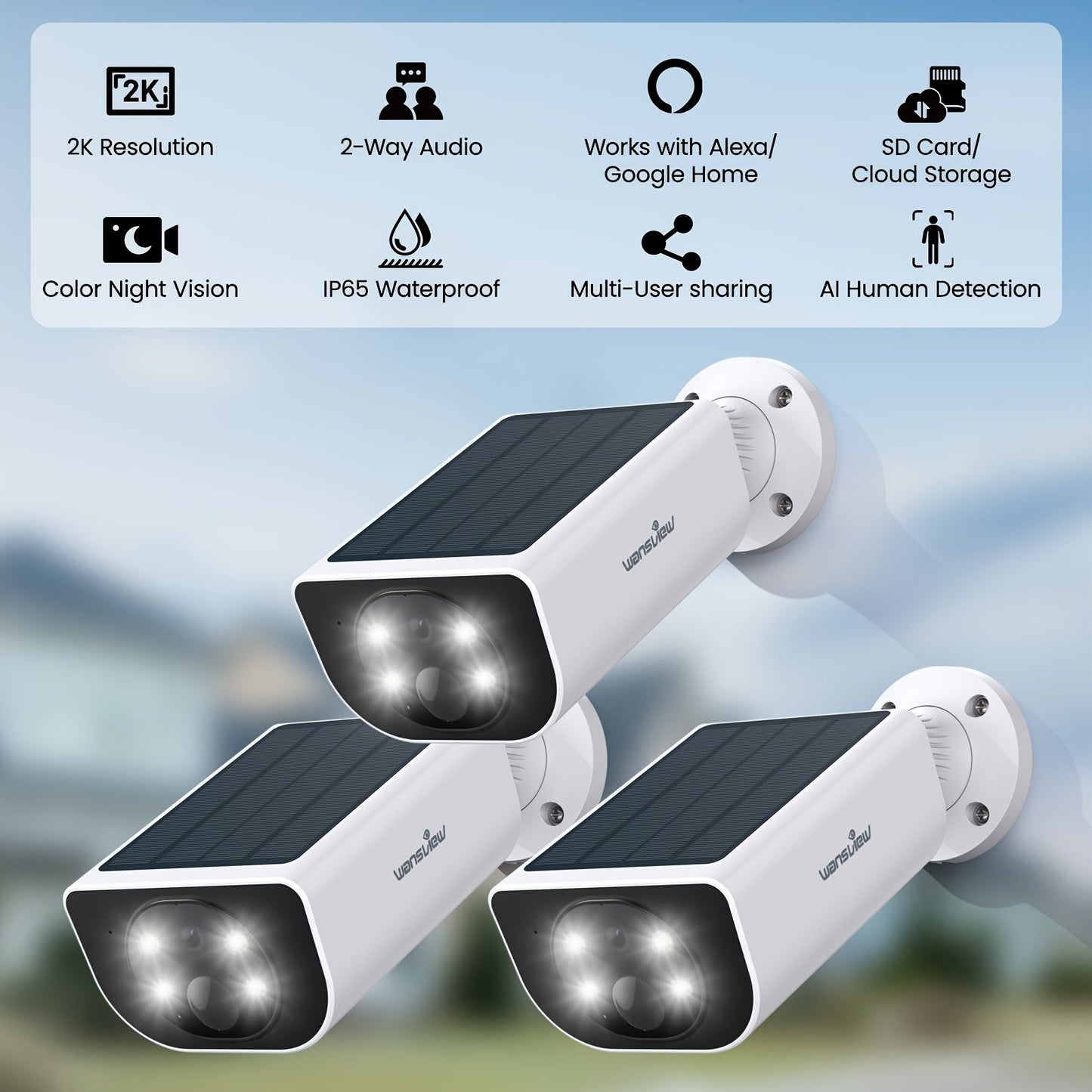 Wansview Solar Security Camera Outdoor Wireless 2K HD – Color & Infrared Night Vision, PIR AI Motion Detection, Two-Way Audio, IP65, SD Card & Cloud Storage, Alexa & Google Home Compatible, 1-4 Pack