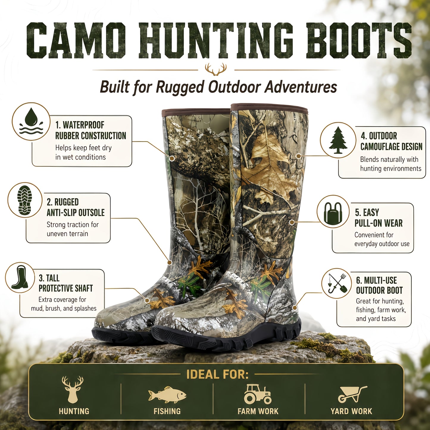 Men's Insulated Camouflage Hunting Boots 6mm Neoprene Waterproof Rubber Outdoor Fishing Hiking Boots – Durable Non-Slip Warm Winter Boots US 8-14