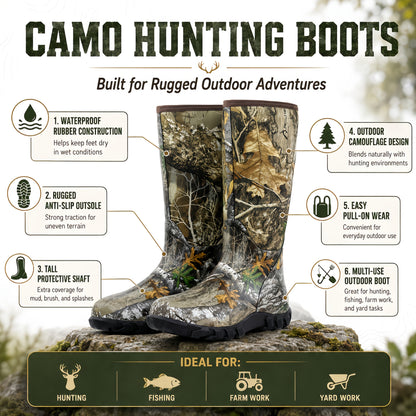 Men's Insulated Camouflage Hunting Boots 6mm Neoprene Waterproof Rubber Outdoor Fishing Hiking Boots – Durable Non-Slip Warm Winter Boots US 8-14
