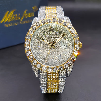 Men's Iced Rhinestone Quartz Watch Classic Business Fashion Wrist Watch with Date Display Zinc Alloy Strap Silver Gold Luxury Style Gift for Him