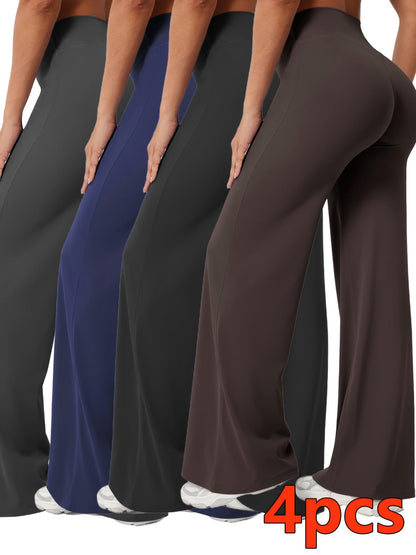4-Piece Women's Yoga Outfit Set – High Waist Wide Leg Flare Pants, 90% Polyester Stretch Knit Fabric, Pilates & Fitness Activewear for Spring Summer Fall, Sizes S–XXL