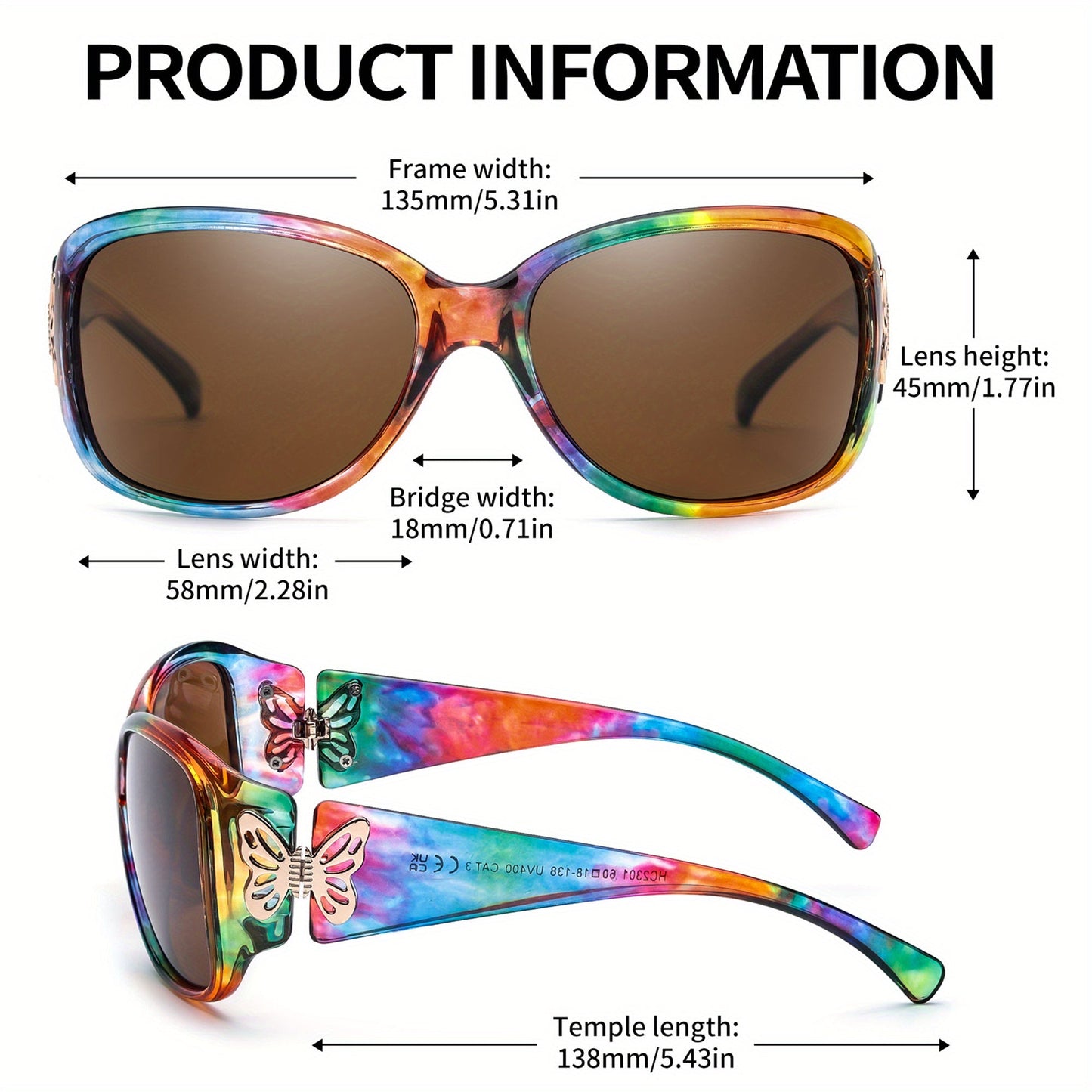 2PCS Women's Polarized Sunglasses UV400 – Butterfly & Heart Wrap-Around Jackie-O Style Trendy Fashion Eyewear for Driving, Beach & Outdoor, Multiple Colors Available