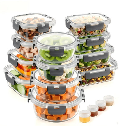24pcs Glass Food Storage Containers with Lids – 12 Containers + 12 Lids, Leak-Proof Meal Prep Bento Boxes, Oven Microwave Dishwasher Safe, Stackable Kitchen Lunch Containers, Grey