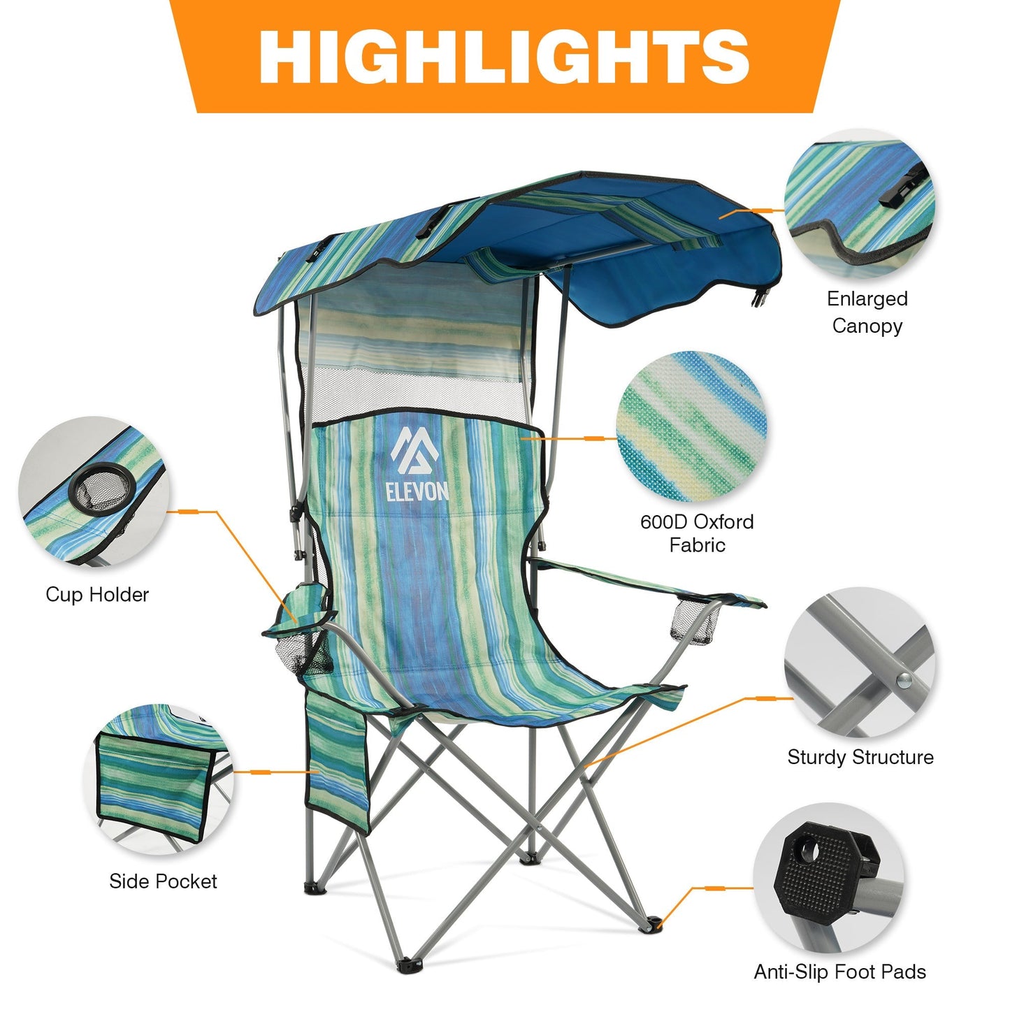Folding Camping Chair with Tilting Canopy Sunshade – 225LBS Capacity, 22.8" Wide Seat, Mesh Cup Holder & Carry Bag, Portable Beach Lawn Chair for Camping, Hiking & Outdoor Events – 9 Color Options