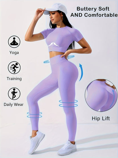 Women's 2-Piece Workout Set - Yoga Crop Top & High Waist Leggings, Crew Neck Medium Stretch Solid Color All-Season Activewear for Gym Fitness Pilates Running, Sizes XS-XL