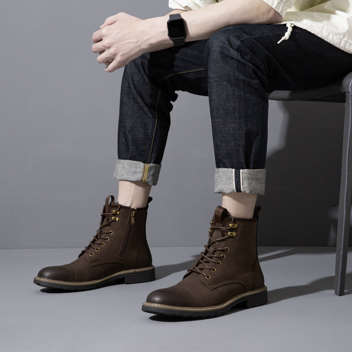 Men's Motorcycle Chukka Boots – Zipper & Lace-Up Genuine Leather Casual Fashion Boots with Non-Slip Sole, Cap Toe, Breathable Cushioned Insole, Black & Brown | Velora