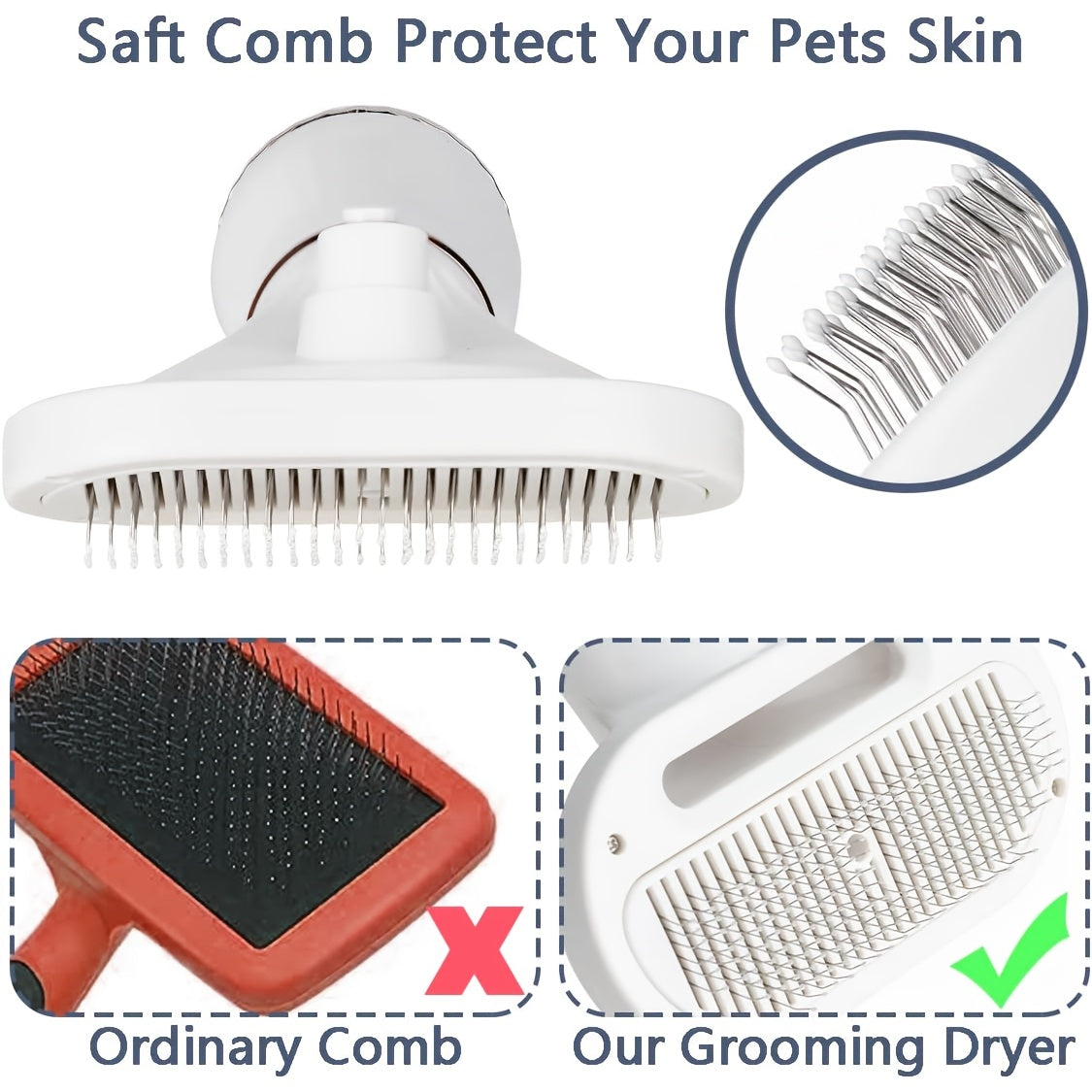 2-in-1 Pet Hair Dryer with Self-Cleaning Slicker Brush – Portable Dog & Cat Grooming Blow Dryer, 3 Temperature Settings, Low Noise, Stainless Steel Bristles, Home & Travel Grooming Tool