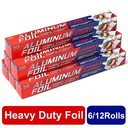 Heavy Duty Aluminum Foil Rolls 6 or 12 Pack – 12 Inch Wide, 30 Sq Ft Per Roll, Thick Strong Foil for Cooking, Grilling, Baking, Food Storage & Restaurant Use, Easy Open Tab