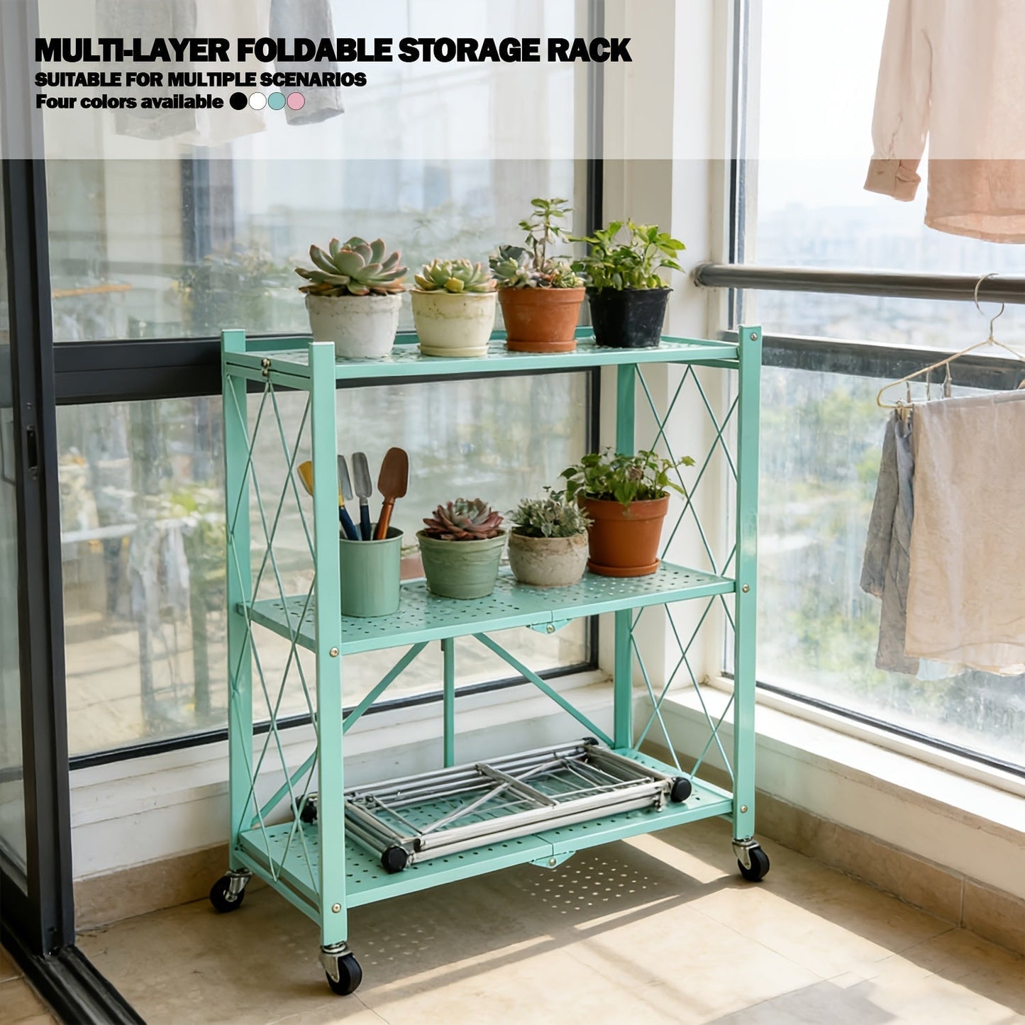 Heavy Duty Folding Storage Rack with Wheels – 3/4/5-Tier Portable Floor-Standing Shelf, No Assembly Required, for Home, Office, Bedroom & Dorm, 4 Colors Available