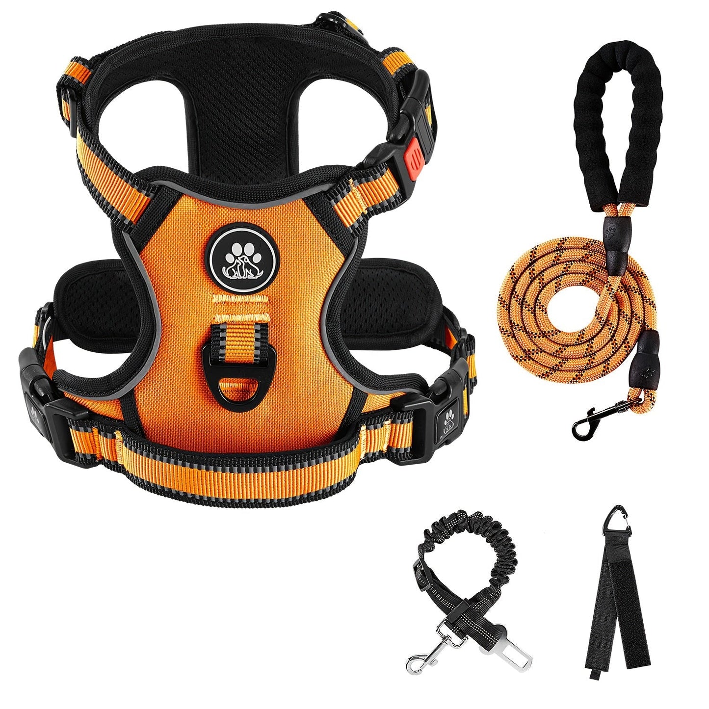 No Pull Dog Harness Set with Leash Retractable Seatbelt & Collar – Fully Reflective Adjustable Breathable Vest Harness with Handle for Small & Large Dogs XS–XL