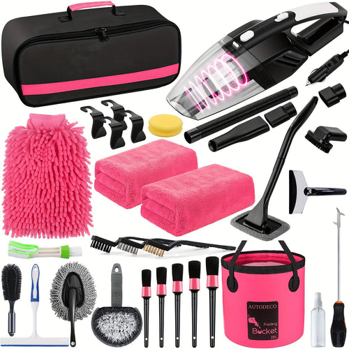 41-Piece Car Wash & Detailing Kit with 120W Handheld Vacuum Cleaner – Foldable Bucket, Windshield Tool, Snow Shovel, Tire Brush, Interior & Exterior Complete Car Care Set, Pink / Black / Blue