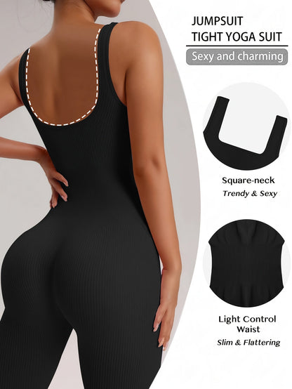 Women's Sleeveless Square Collar Jumpsuit – 90% Nylon Stretch Fabric, Thick & Opaque Active Wear for Yoga, Pilates, Running, Fitness & Everyday Events, Sizes S-XL, Multiple Colors