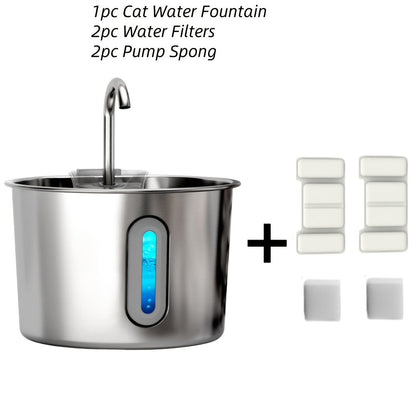 Cat Water Fountain 74oz Stainless Steel - Ultra Quiet USB Pump, Faucet Flow, 3-Stage Filter & Visual Water Level Window, Automatic Pet Water Fountain for Cats & Small Dogs Indoor