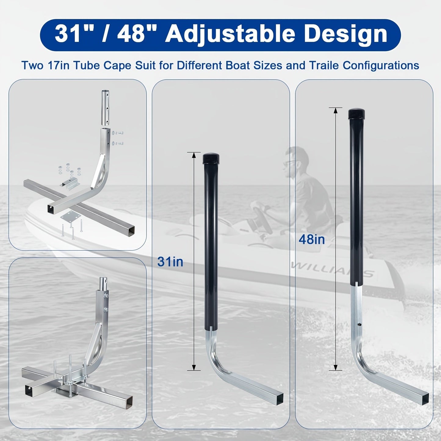 Adjustable Boat Trailer Guide Poles 31"-60" L-Shaped Galvanized Stainless Steel with Black PVC Pipes - Trailer Guide Ons for Ski Boat, Fishing Boat & Sailboat Trailer