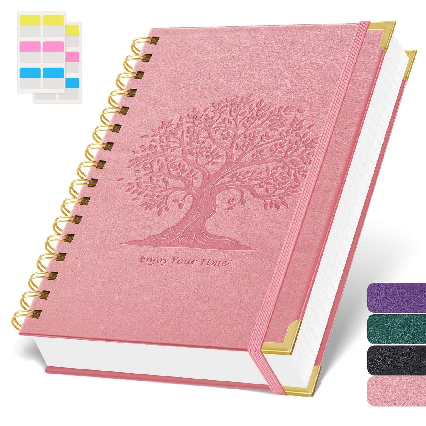 A5 Spiral Notebook Hardcover 300 Pages – Thick 100GSM No Bleed-Through Paper, Leather Cover Journal for College, Work & Writing – For Men & Women (Pink, Black, Green, Purple)