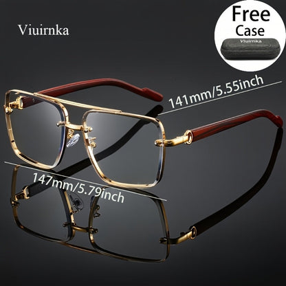 Square Retro Sunglasses for Men and Women Wood Grain Double Beam Design UV Protection Fashion Eyewear with Case for Driving Travel Beach Street Photography Holiday Gift 7 Color Options