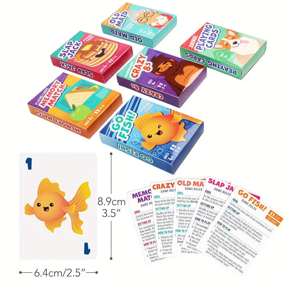 6-in-1 Kids Card Games Set with 6 Decks – Go Fish, Old Maid, Crazy Eights, Memory Match, Slap Jack & Animal Cards | Family Game Night for Ages 4+, Birthday & Christmas Gift, Stocking Stuffer