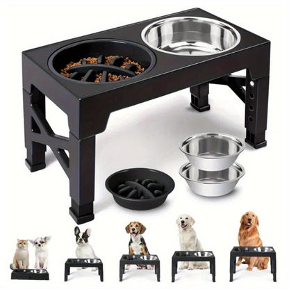 Height Adjustable Dog Bowl Stand with Slow Feeder & Stainless Steel Bowl – 5-Level Foldable Elevated Dog Food Bowl for Medium Large Dogs and Cats, Black & Pink
