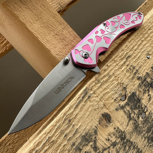 Folding Pocket Knife 7 Inch Hearts Engraved – 3Cr13 Steel Blade EDC Knife Aluminum Heart Handle Belt Clip Donut Accent, Stylish Everyday Carry for Camping Hiking Collecting Gift, Rosy Pink Red Lavender Blue Rose