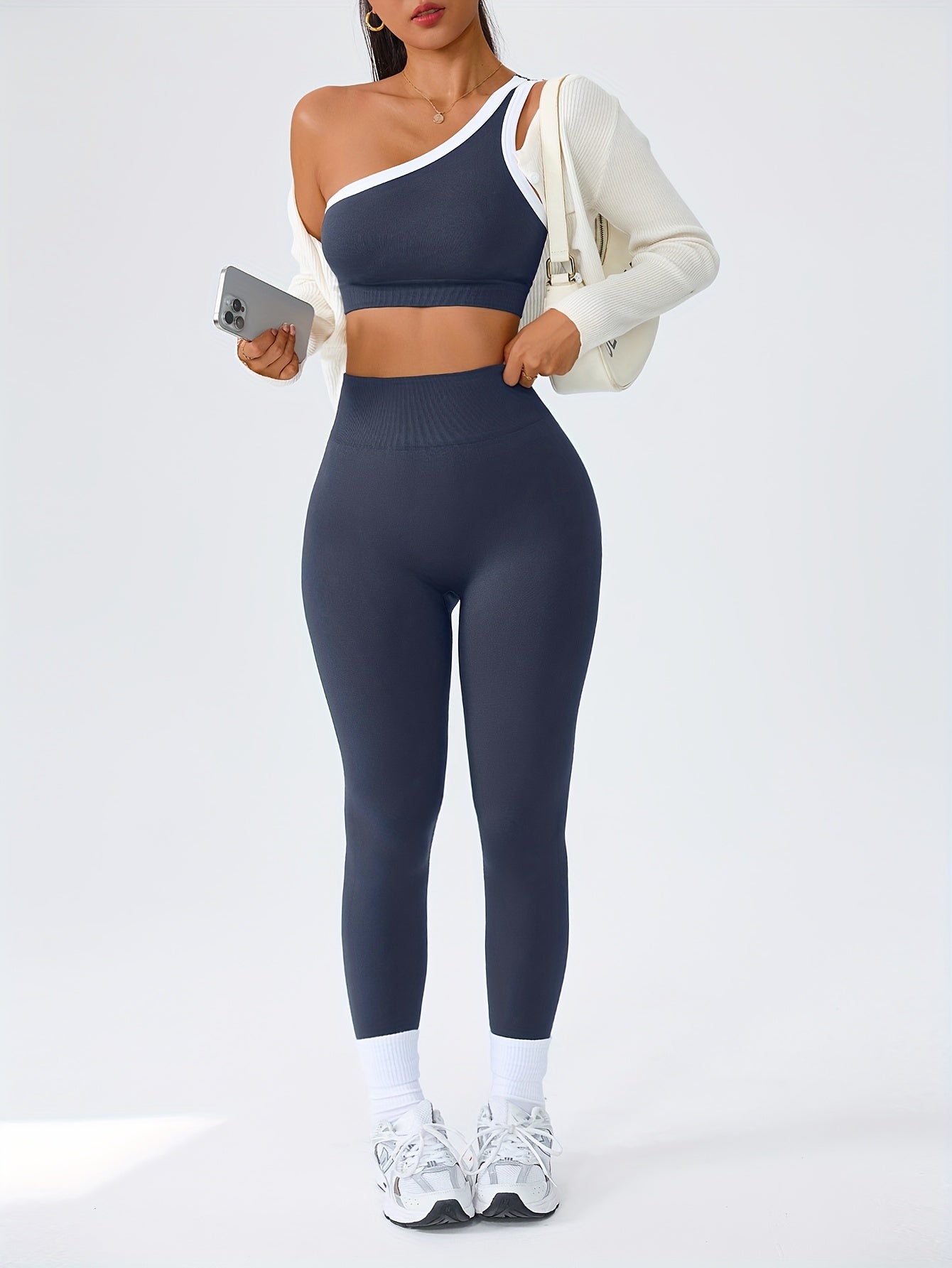 Women's 2-Piece High-Waisted Butt-Lifting Leggings & Sports Bra Set – 90% Polyamide Stretchy Minimalist Yoga Running Workout Outfit with Camisole Top, Solid Color, S-XL