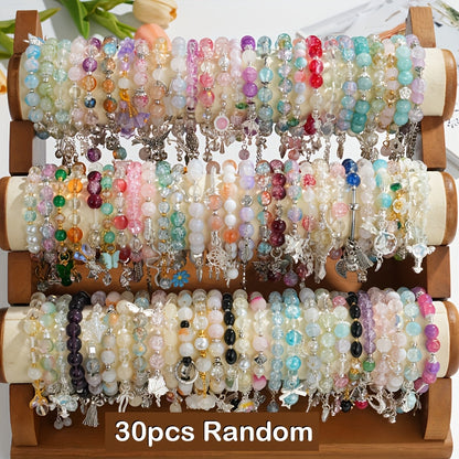 30pcs Glass Bead Bracelets Set for Women Stackable Stretch Bracelets with Butterfly Floral Charms Heart Star Pendants Multicolor - Boho Jewelry Gift Set for Valentine's Day Birthday Anniversary
